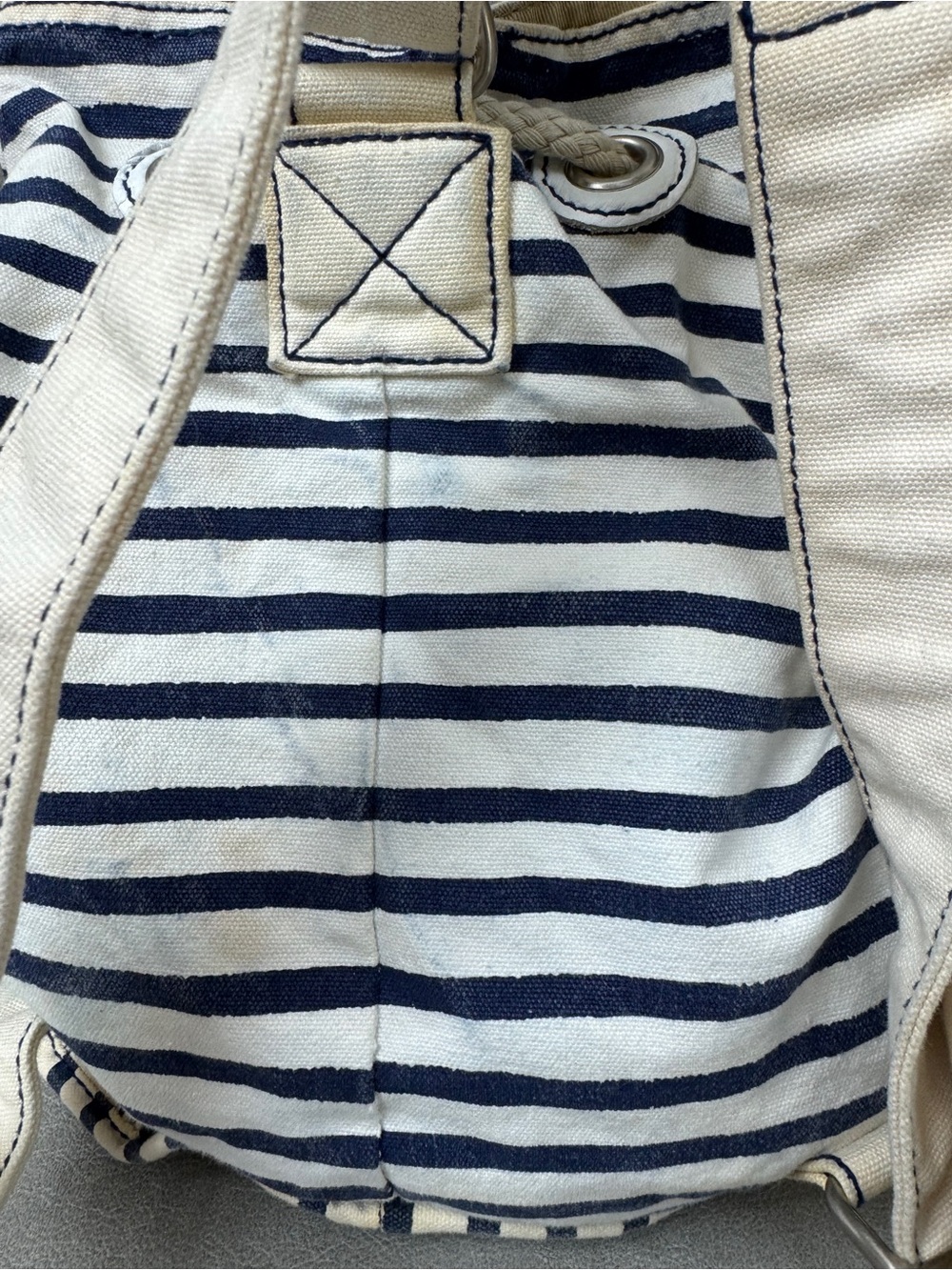 Striped Navy & Cream Rope-Drawstring Canvas Backpack - Picture 4 of 11